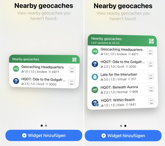 Geocaching Widget bei der iOS Geocaching®-App